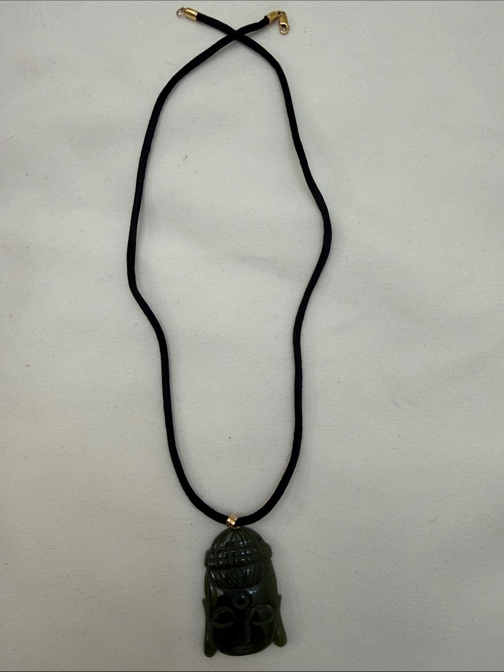 Carved Dark Green Buddha Pendant Necklace with Black Cord